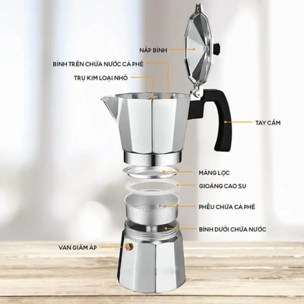 Bình pha cà phê moka pot hợp kim nhôm hình bát giác cực đẹp - Hình ảnh 4